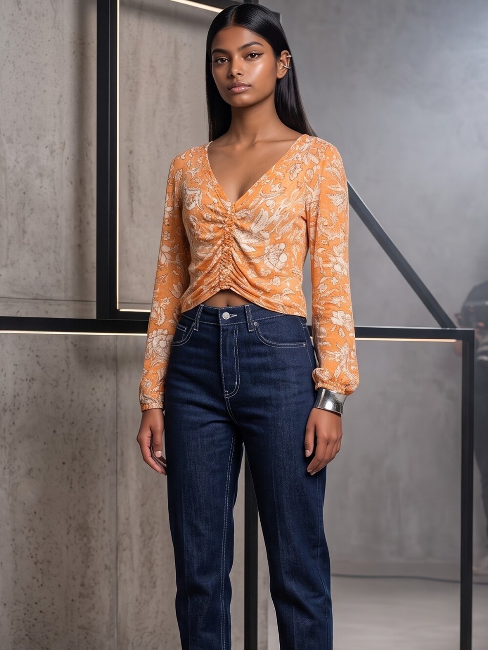 Free People Floral Ruched V-Neck Cropped Blouse Balloon Sleeve Orange M